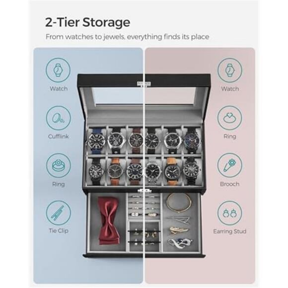 Watch Box 12-Slot Watch Case Organizer with Large Glass Lid - Picture 4 of 6